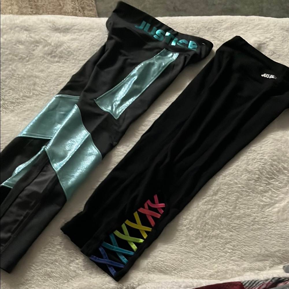 Justice Black/Rainbow & Gray/Metallic Blue Full Length Leggings NWOT Set. Size 8